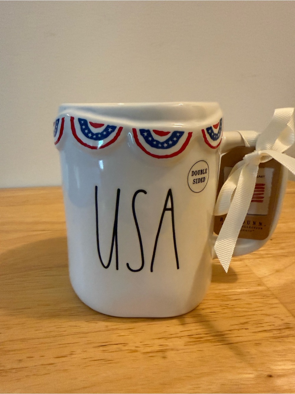 Rae Dunn White USA Mug with Red & Blue Banner Trim
